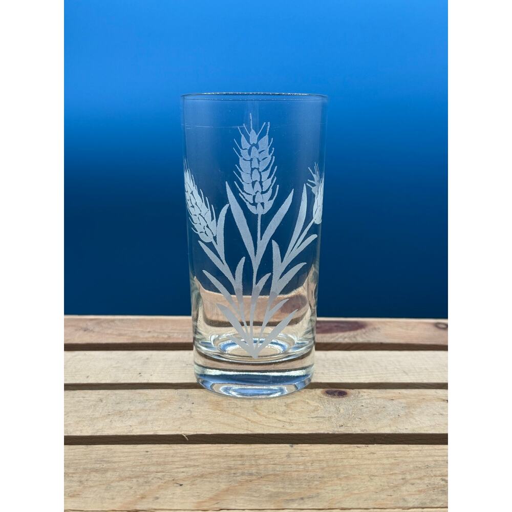 Vintage Frosted Wheat Pattern Glass Tumbler - 6” Tall